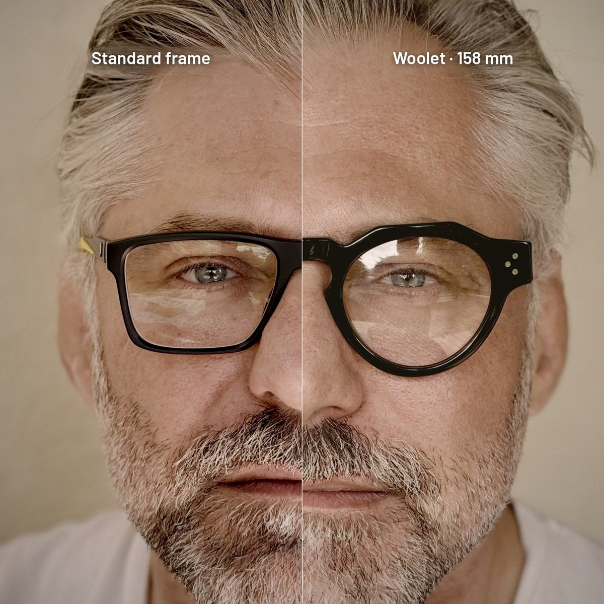 The same man in two frames: on the left a standard front that stops short of his temples, on the right the Woolet 158 mm front, built for faces 155-161 mm