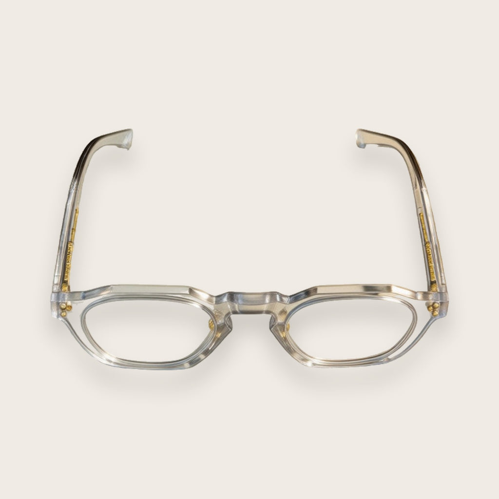 Woolet 007 Round / Panto silver clear — elevated view showing the 158 mm front