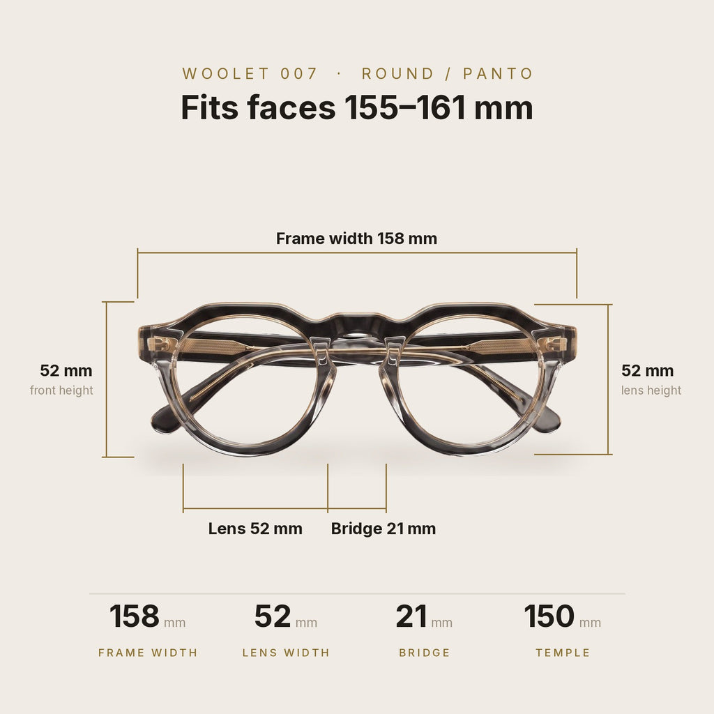 Woolet 007 Round / Panto Silver Clear dimensions - 158 mm frame width, 52 mm lens, 21 mm bridge, 150 mm temples, fits faces 155-161 mm