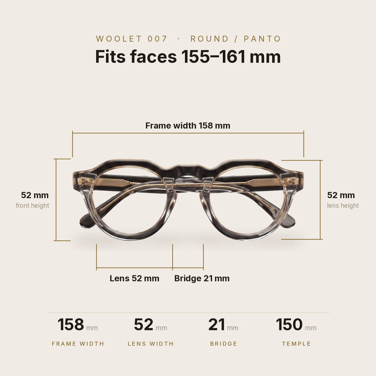 Woolet 007 Round / Panto Silver Clear dimensions - 158 mm frame width, 52 mm lens, 21 mm bridge, 150 mm temples, fits faces 155-161 mm