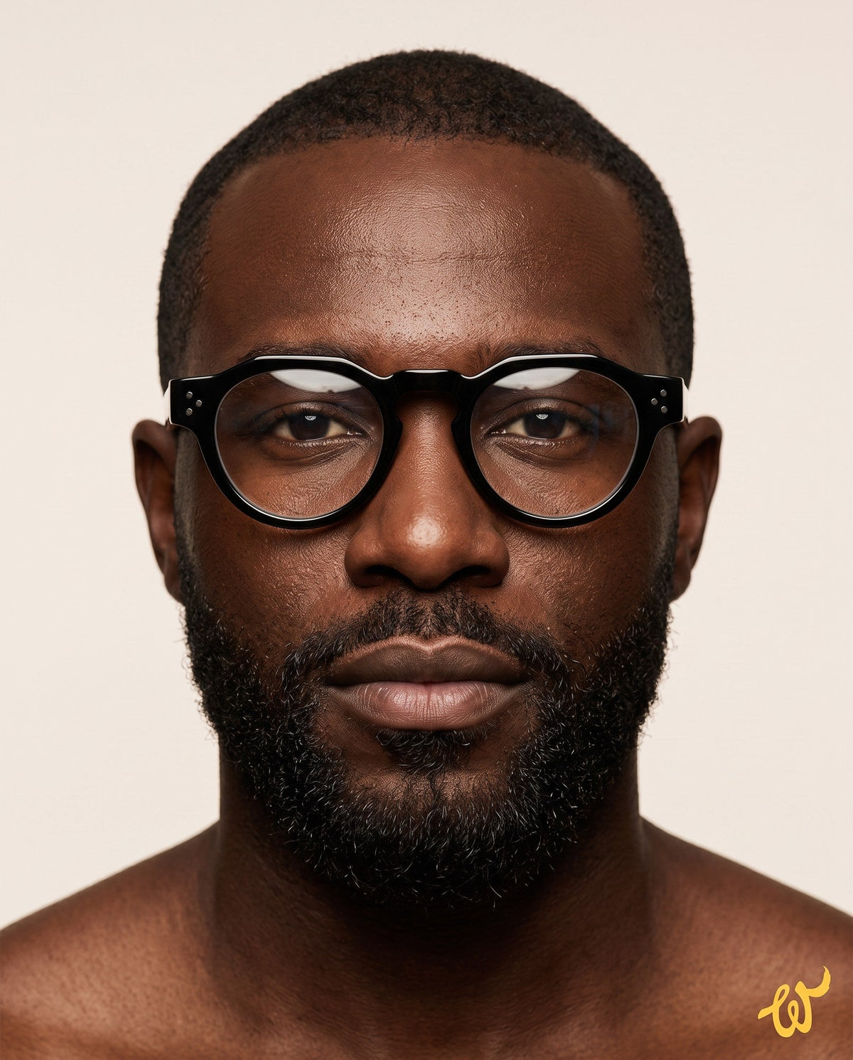 Man wearing Woolet 007 Round / Panto in black — 158 mm wide-fit acetate frame