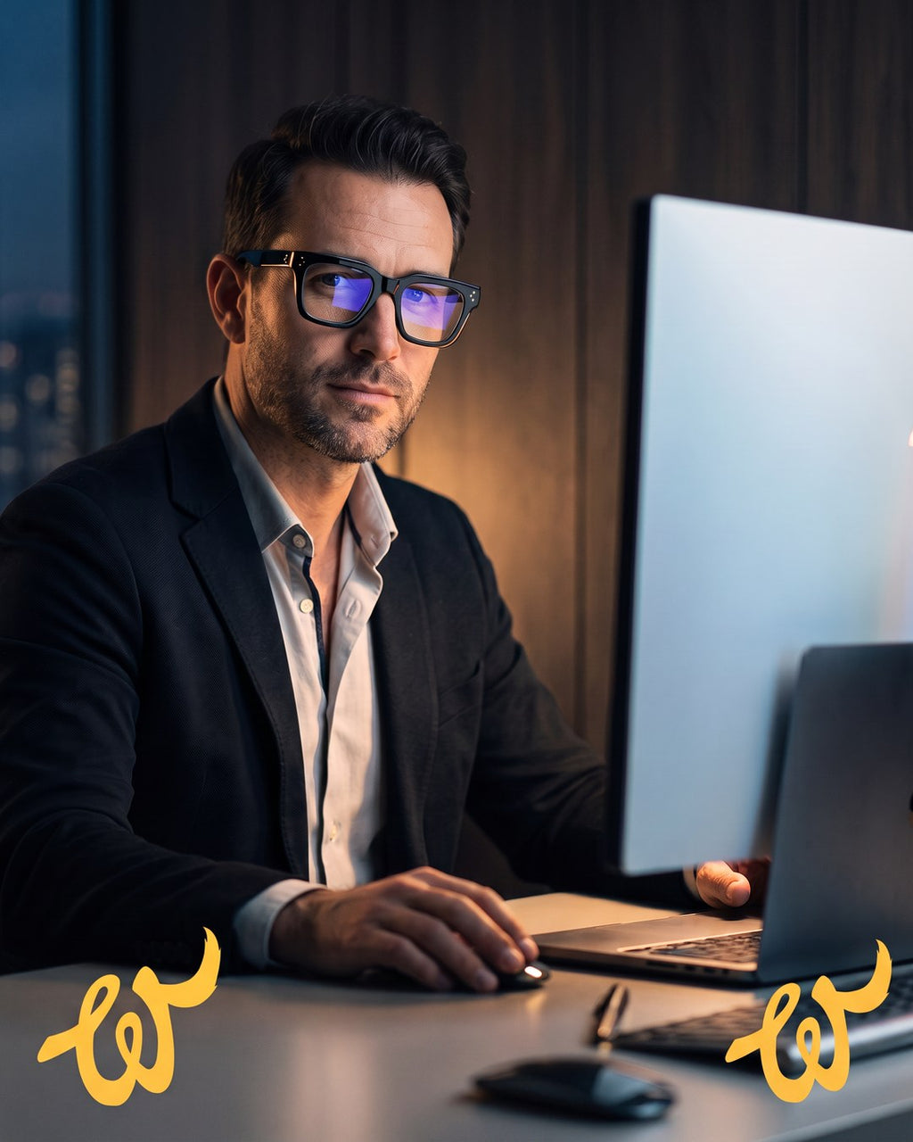 Man wearing Woolet 009 Soft Square black at a desk in the evening with blue-light lenses