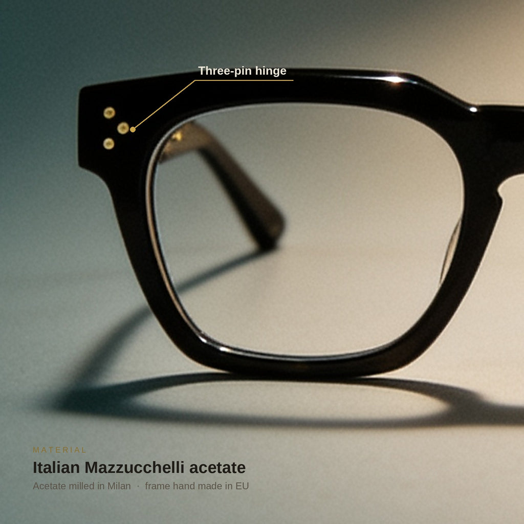 Woolet 009 Soft Square Black close-up - three-pin hinge, hand-cut Italian Mazzucchelli acetate, frame hand made in EU