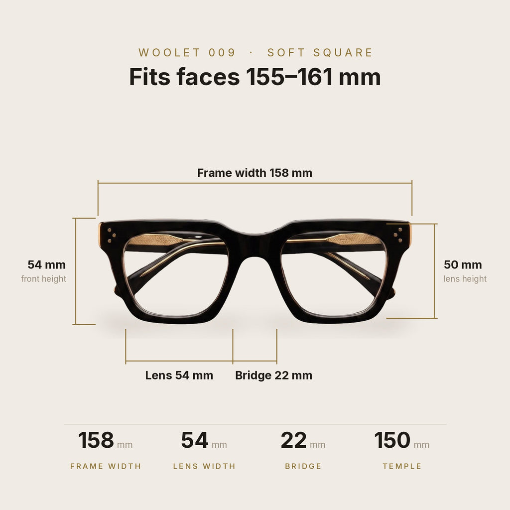 Woolet 009 Soft Square dimensions - 158 mm frame width, 54 mm lens, 22 mm bridge, 150 mm temples, fits faces 155-161 mm