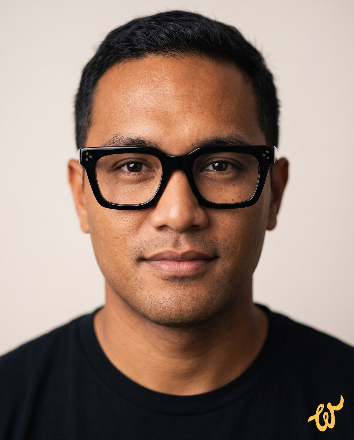 Man with a wide face wearing Woolet 009 Soft Square eyeglasses in black