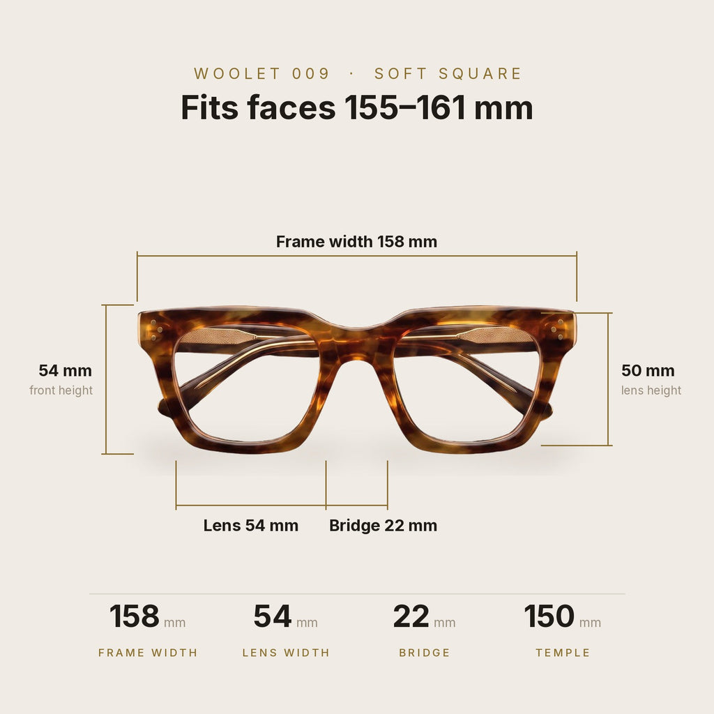 Woolet 009 Soft Square Havana dimensions - 158 mm frame width, 54 mm lens, 22 mm bridge, 150 mm temples, fits faces 155-161 mm