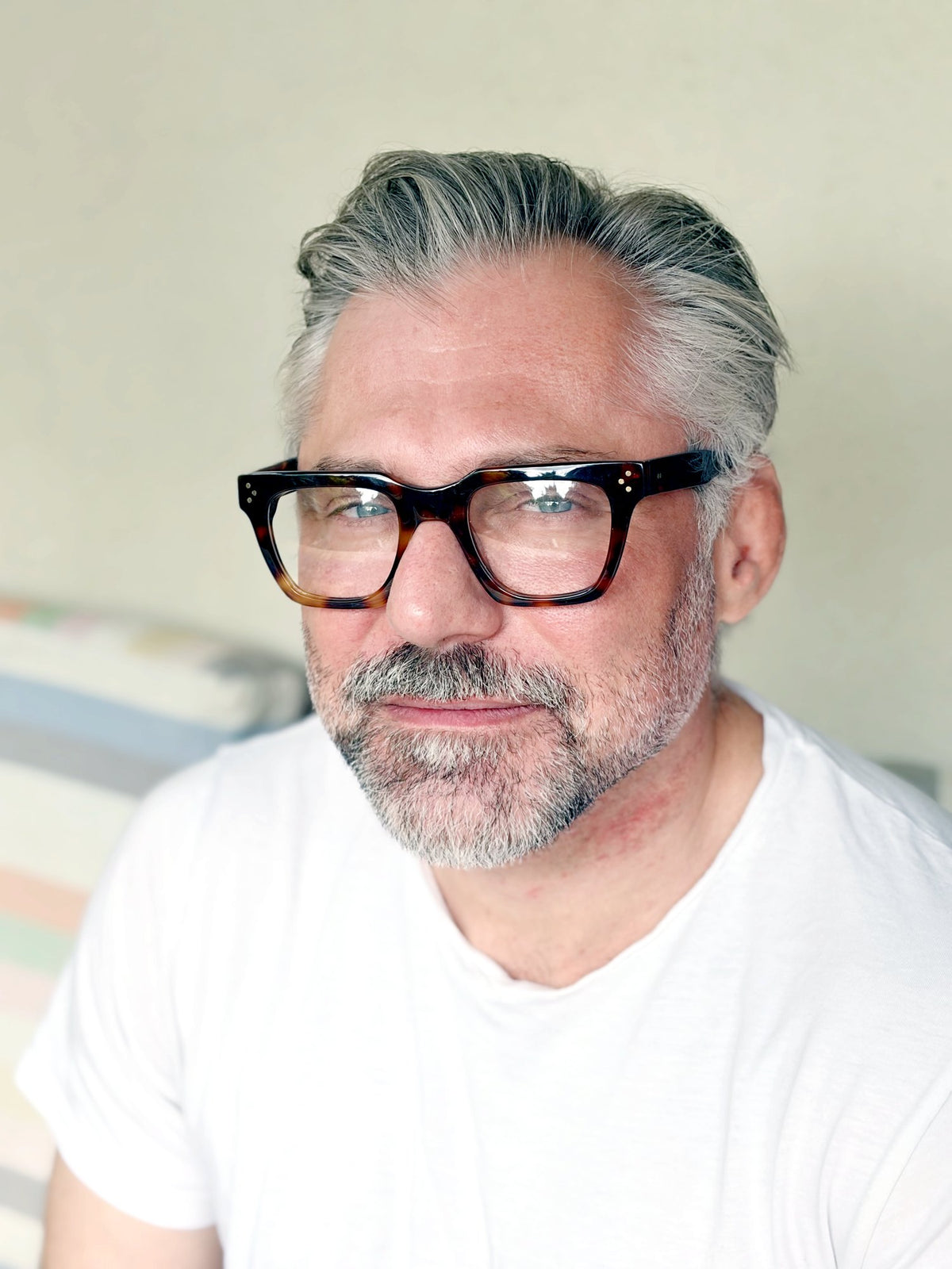Woolet 009 Soft Square Havana blue light glasses worn on a 158 mm wide face - real fit, three-quarter view