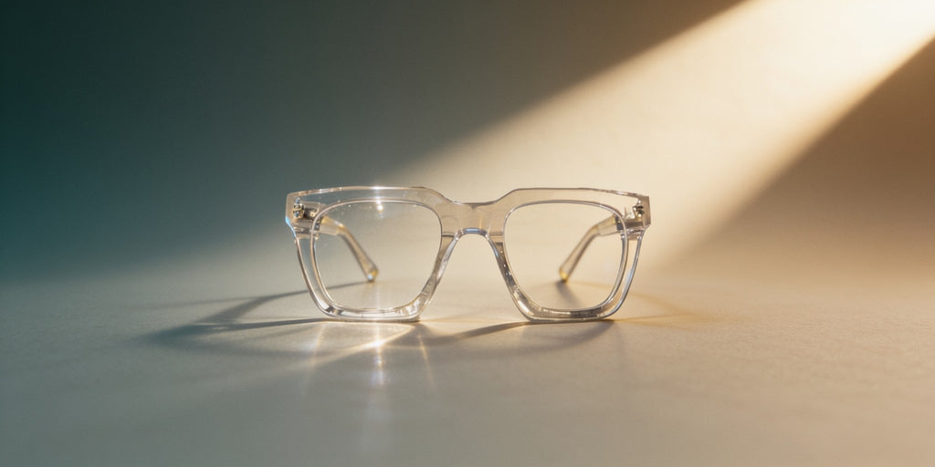 Woolet 009 Soft Square in silver clear transparent acetate — hinge pins visible through the frame