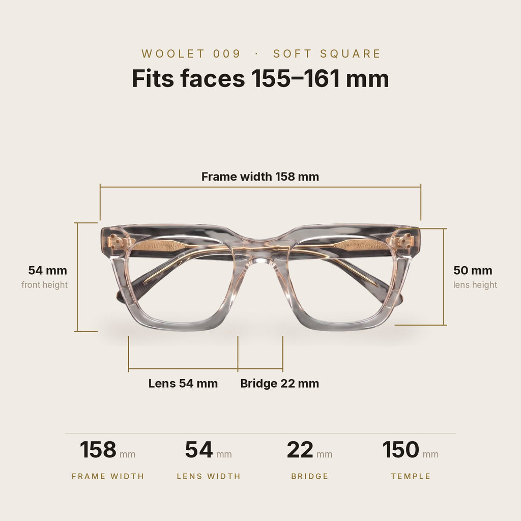 Woolet 009 Soft Square Silver Clear dimensions - 158 mm frame width, 54 mm lens, 22 mm bridge, 150 mm temples, fits faces 155-161 mm