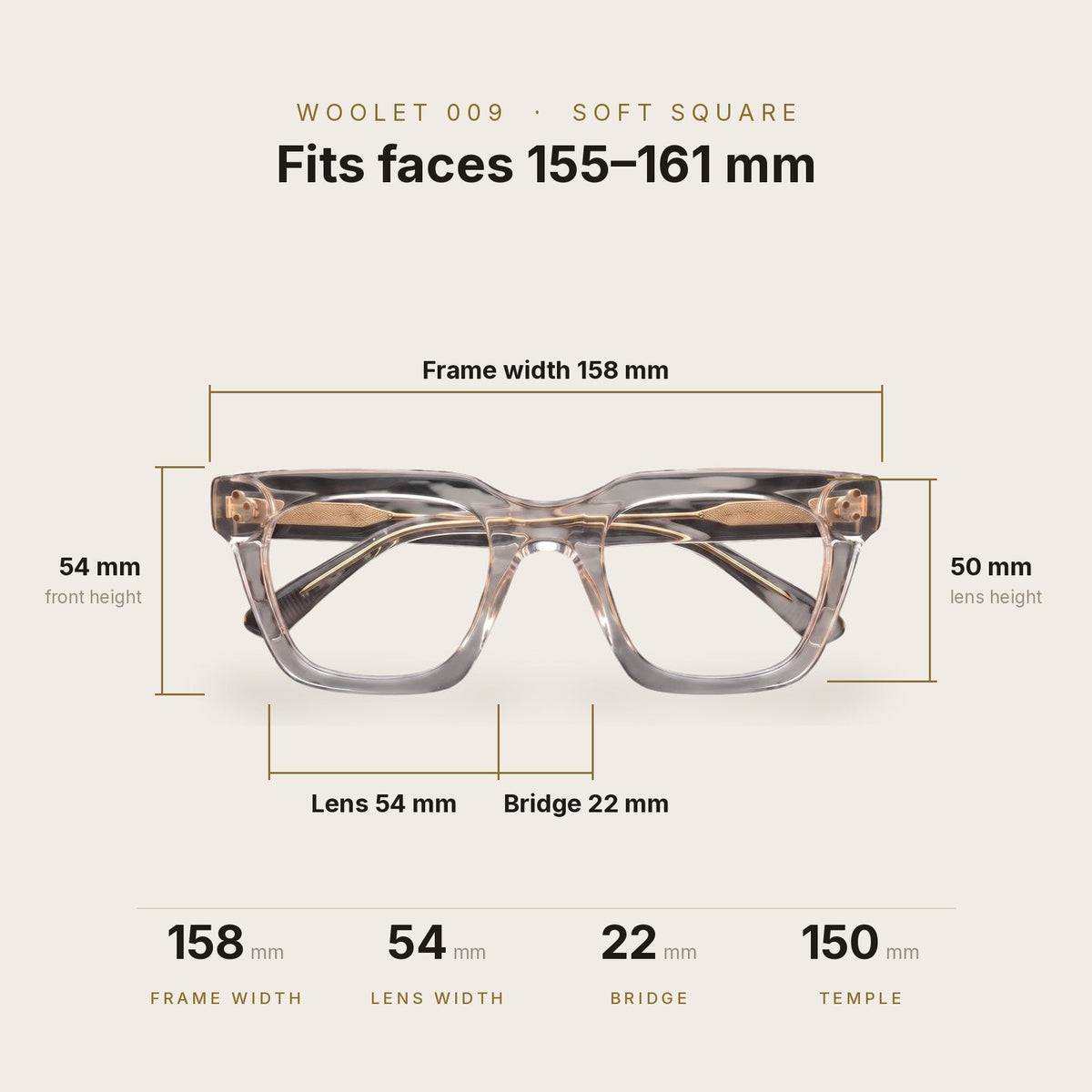 Woolet 009 Soft Square Silver Clear dimensions - 158 mm frame width, 54 mm lens, 22 mm bridge, 150 mm temples, fits faces 155-161 mm