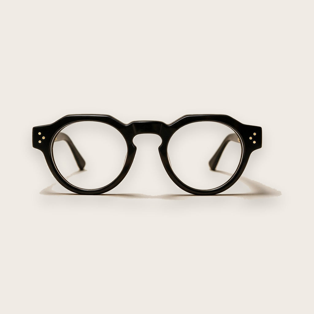 Woolet Bespoke shape — Crown Panto in black acetate, flat brow with round lenses, cut to your measurements